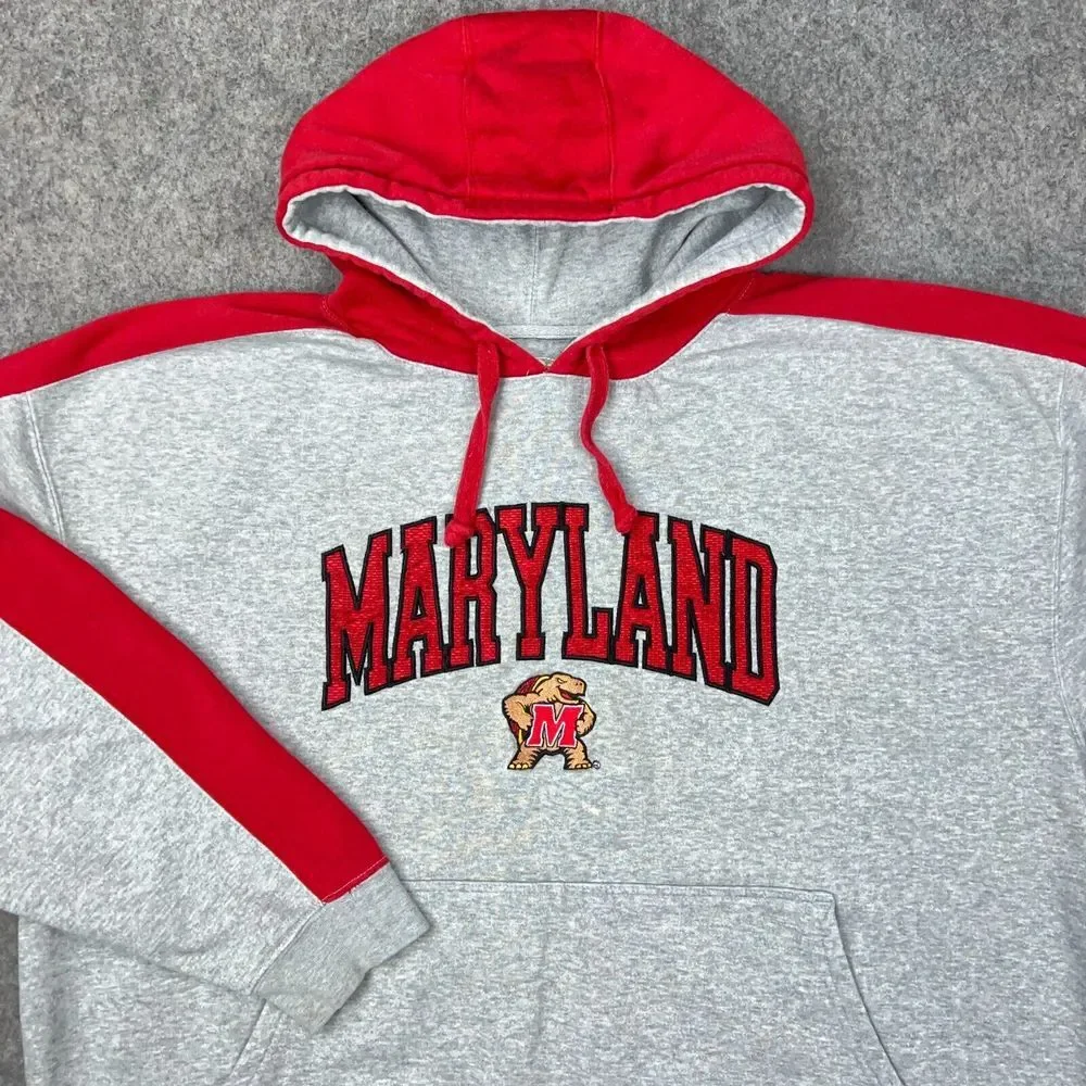 Maryland Terrapins Hoodie Men 2XL Gray Red Hooded Pullover Sweatshirt Pro Player